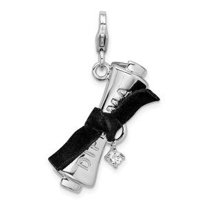 925 Sterling Silver 3-D CZ Black Ribbon Diploma Graduation Bracelet Cham / clasp